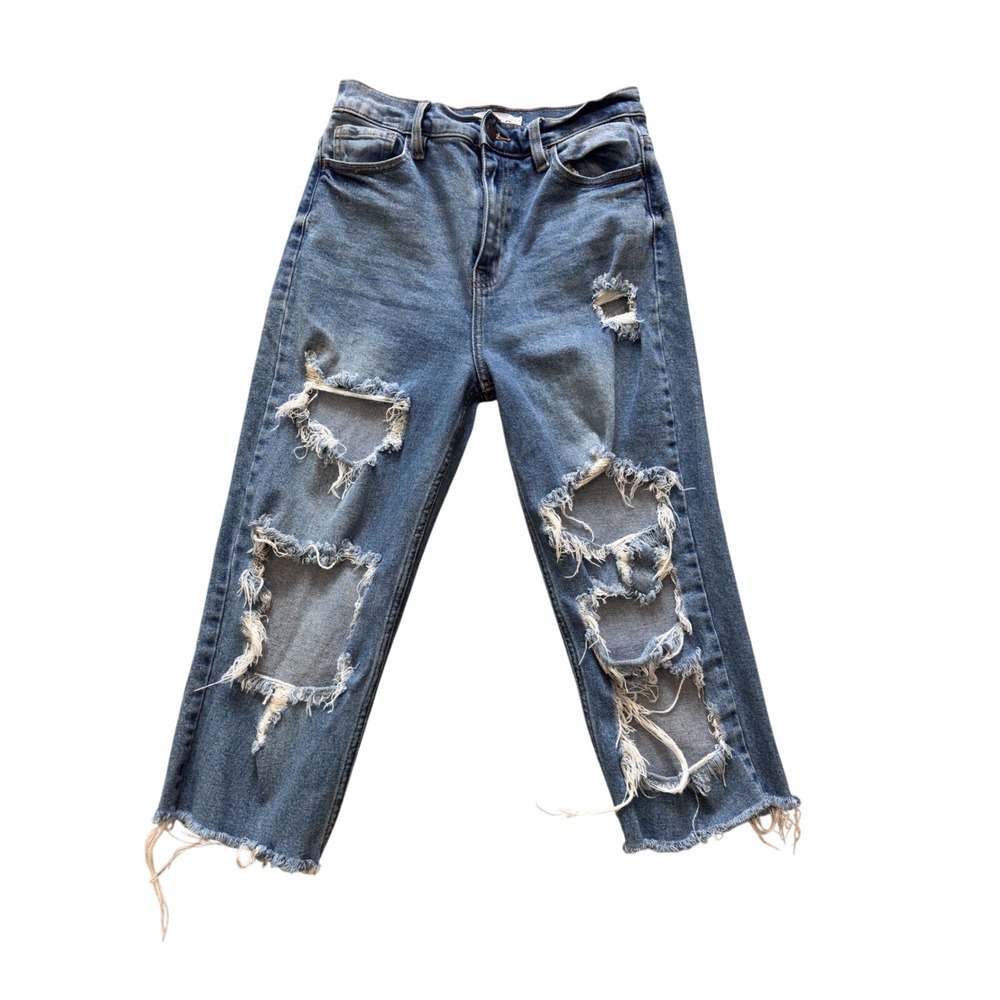 Cello Womens High Rise Distressed Straight Leg Jeans Blue Medium Wash Size 7